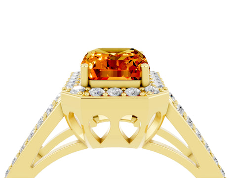 Yellow gold Emerald Cut Citrine Halo Ring with Split Shank U-Prong Band and Four-Prong Setting_4