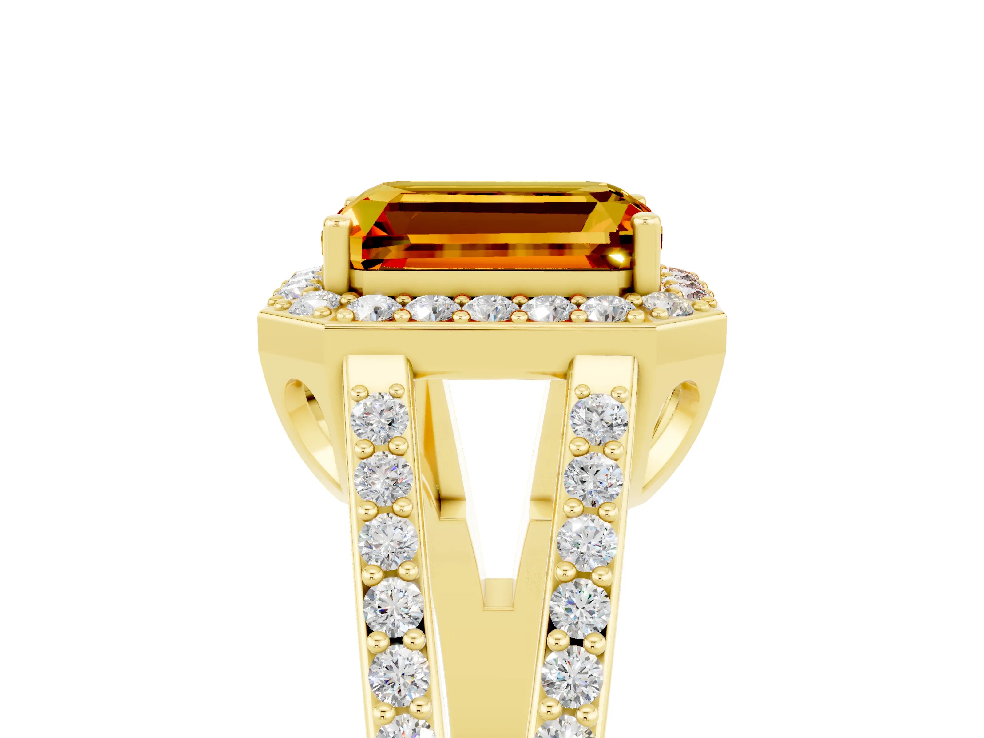 Yellow gold Emerald Cut Citrine Halo Ring with Split Shank U-Prong Band and Four-Prong Setting_5