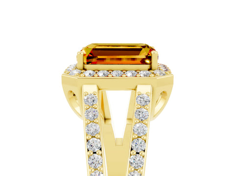 Yellow gold Emerald Cut Citrine Halo Ring with Split Shank U-Prong Band and Four-Prong Setting_5