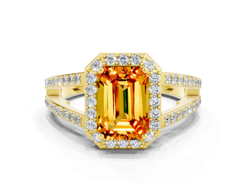 Yellow gold Emerald Cut Citrine Halo Ring with Split Shank U-Prong Band and Four-Prong Setting
