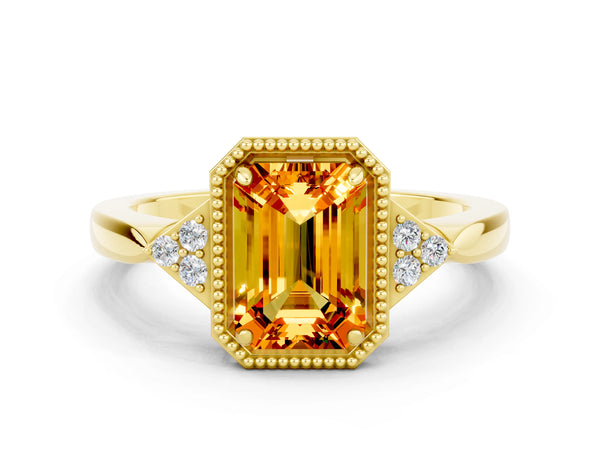 Yellow gold Emerald Cut Citrine Halo Ring with Tapered Band and Four-Prong Setting