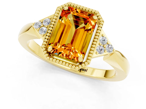 Yellow gold Emerald Cut Citrine Halo Ring with Tapered Band and Four-Prong Setting_1
