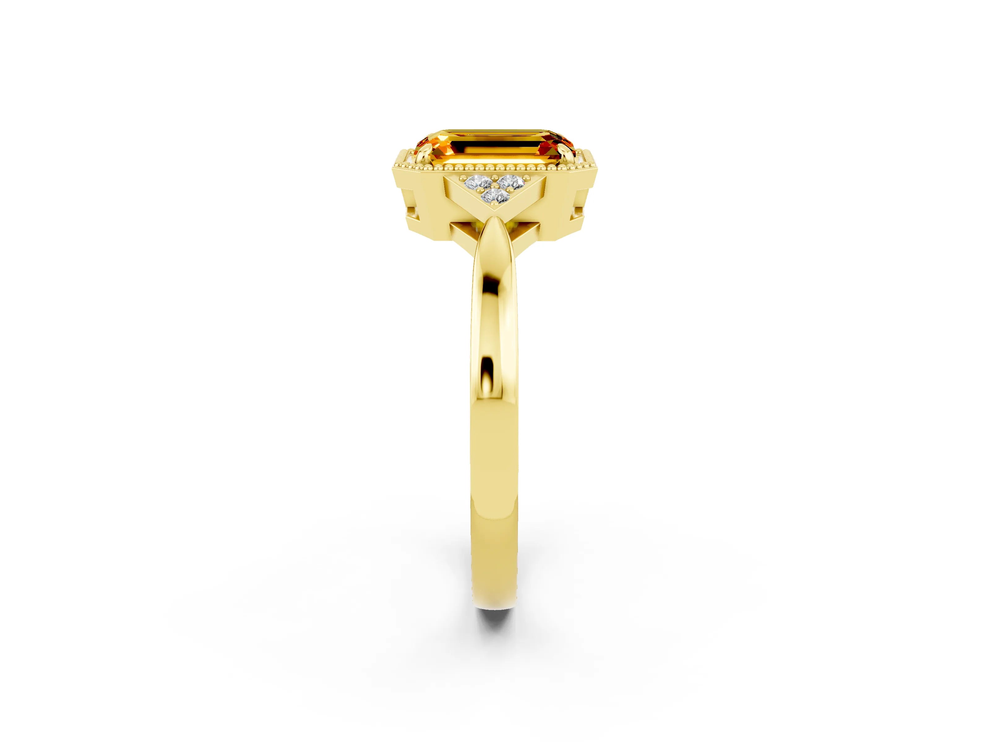 Yellow gold Emerald Cut Citrine Halo Ring with Tapered Band and Four-Prong Setting_2