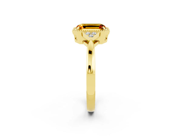 Yellow gold Emerald Cut Citrine Halo Ring with Tapered Band and Four-Prong Setting