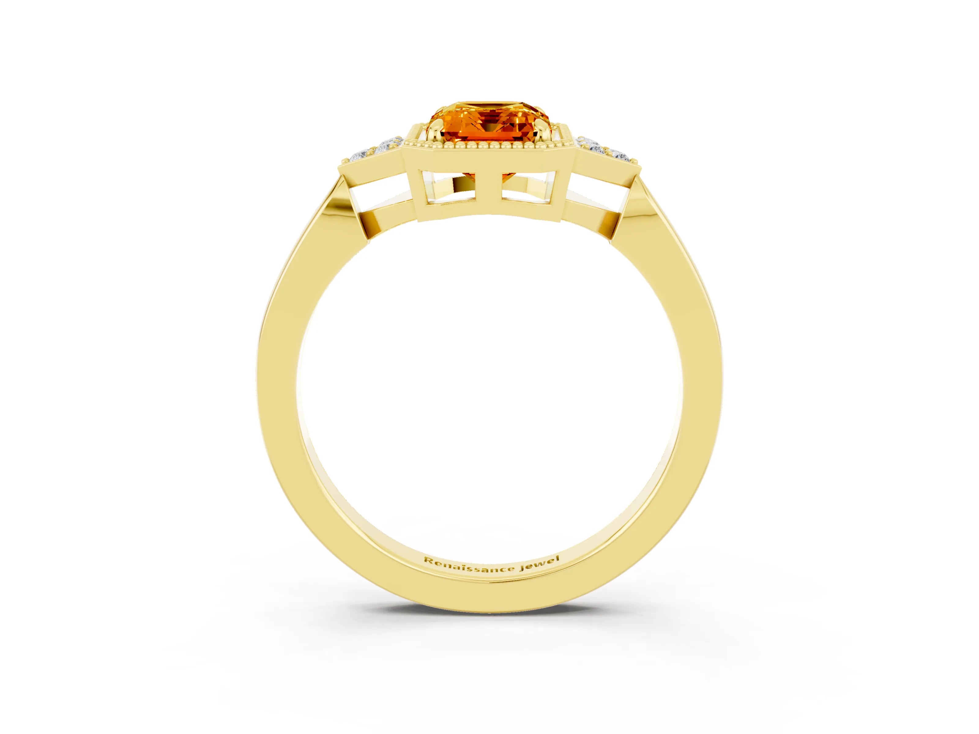 Yellow gold Emerald Cut Citrine Halo Ring with Tapered Band and Four-Prong Setting_3