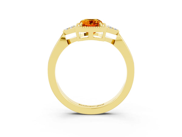 Yellow gold Emerald Cut Citrine Halo Ring with Tapered Band and Four-Prong Setting