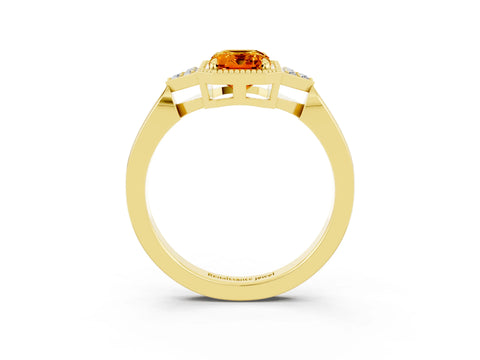 Yellow gold Emerald Cut Citrine Halo Ring with Tapered Band and Four-Prong Setting_3