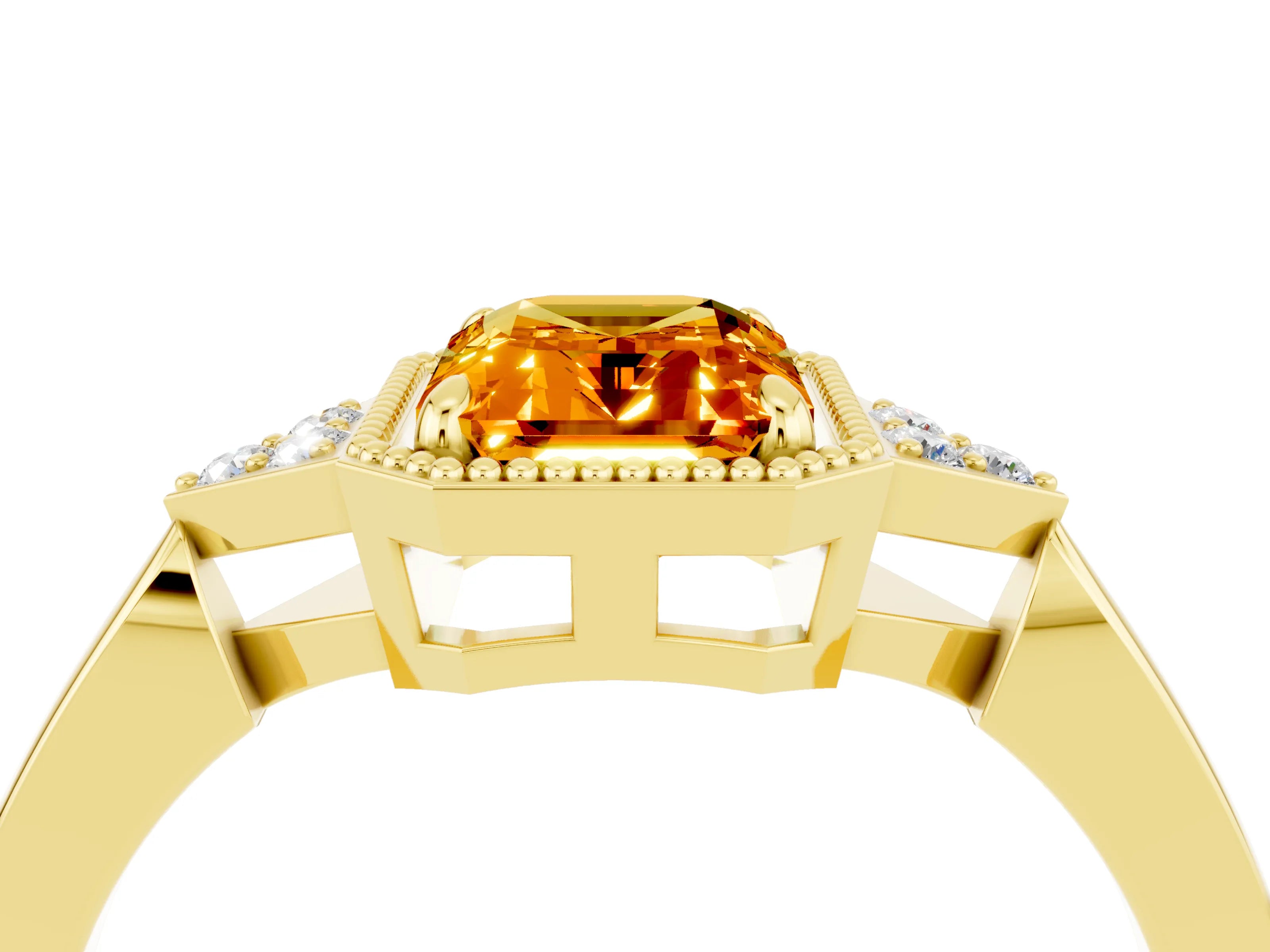 Yellow gold Emerald Cut Citrine Halo Ring with Tapered Band and Four-Prong Setting_4