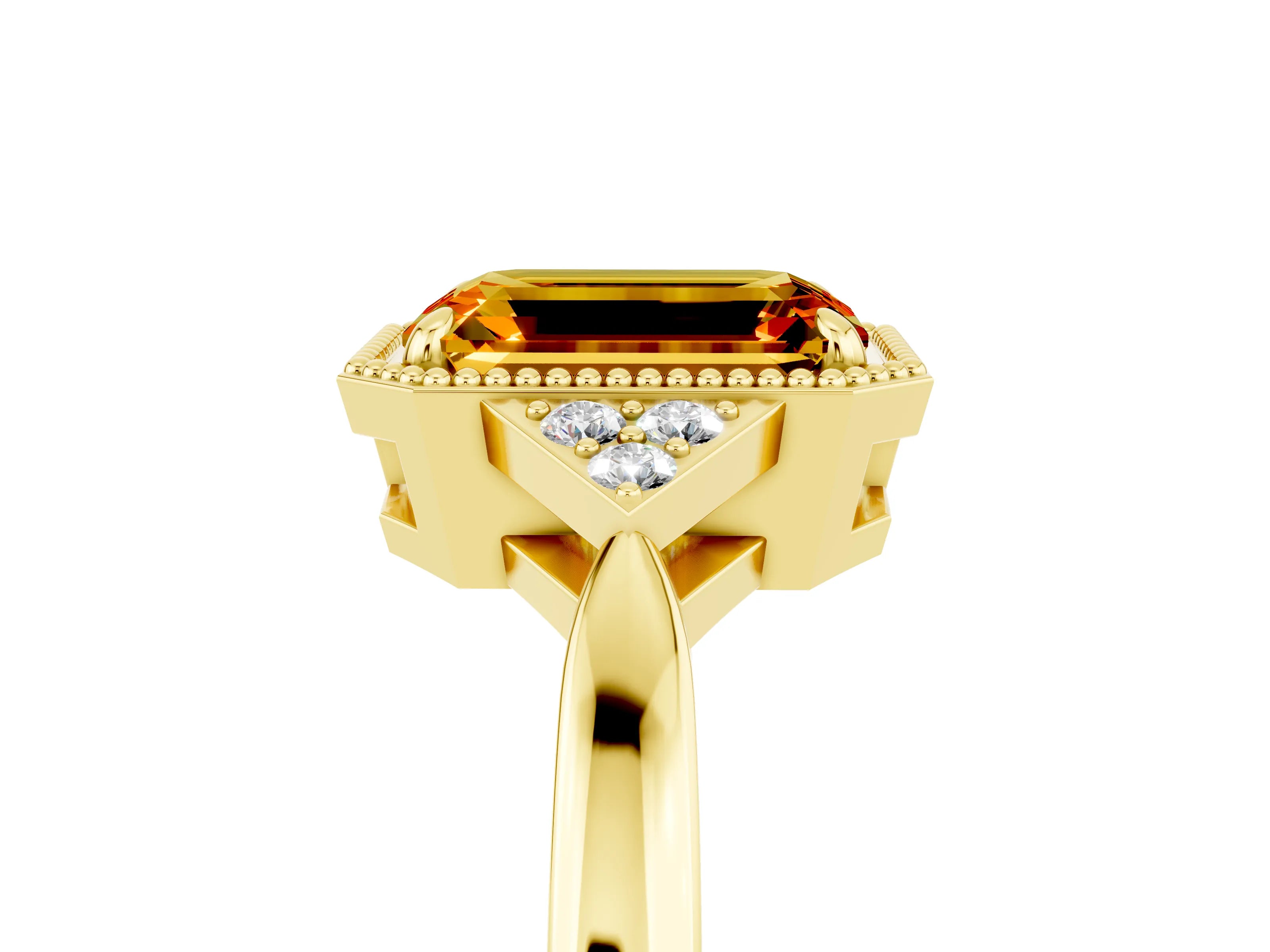 Yellow gold Emerald Cut Citrine Halo Ring with Tapered Band and Four-Prong Setting_5