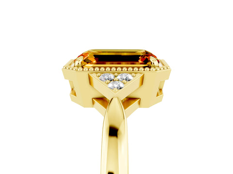 Yellow gold Emerald Cut Citrine Halo Ring with Tapered Band and Four-Prong Setting_5