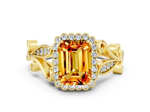 Yellow gold Emerald Cut Citrine Halo Ring with Vintage Split Shank and Four-Prong Setting
