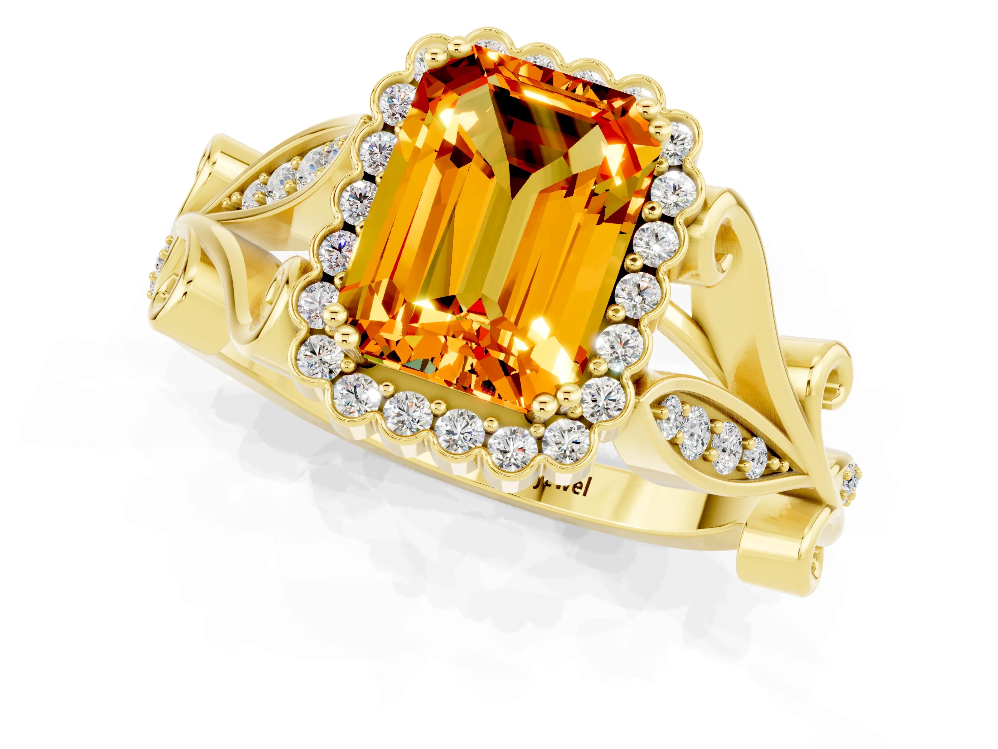 Yellow gold Emerald Cut Citrine Halo Ring with Vintage Split Shank and Four-Prong Setting_1