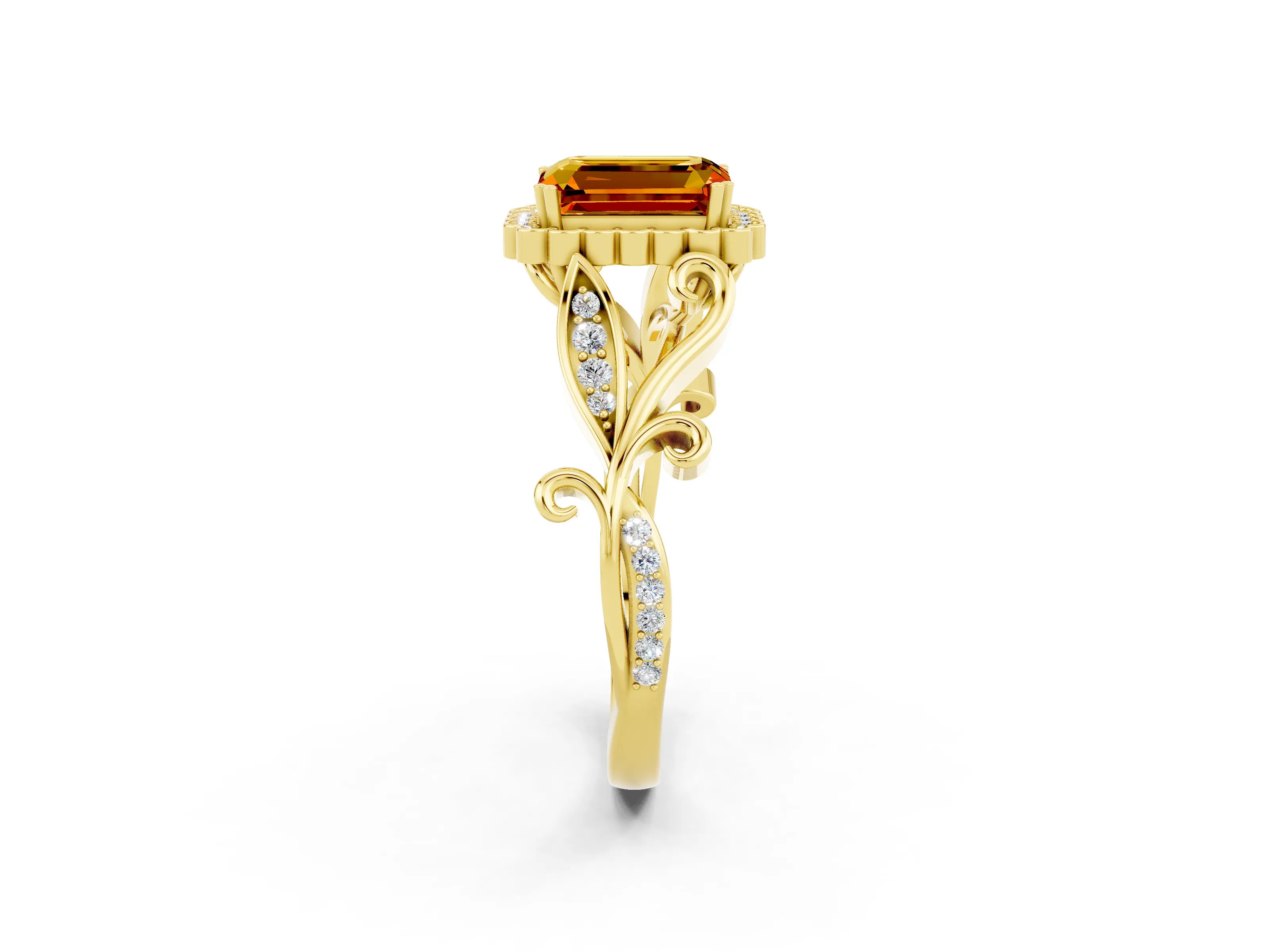 Yellow gold Emerald Cut Citrine Halo Ring with Vintage Split Shank and Four-Prong Setting_2