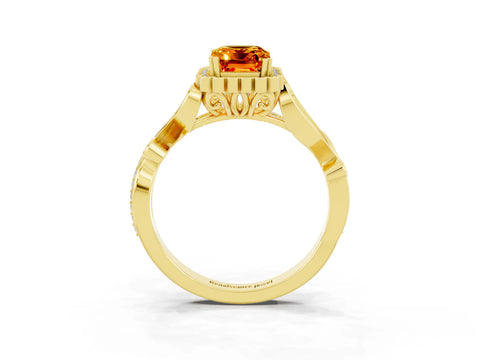 Yellow gold Emerald Cut Citrine Halo Ring with Vintage Split Shank and Four-Prong Setting_3