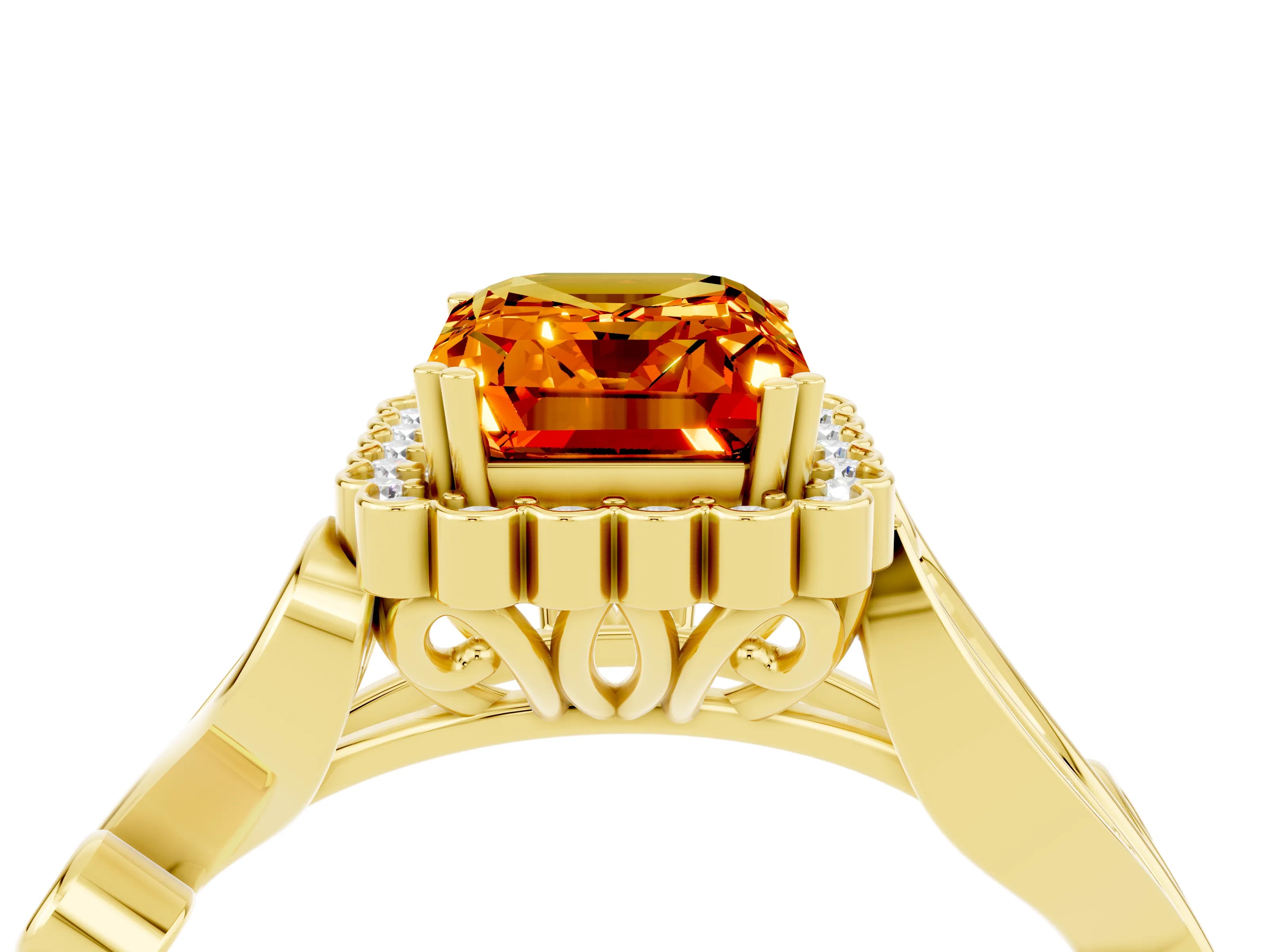 Yellow gold Emerald Cut Citrine Halo Ring with Vintage Split Shank and Four-Prong Setting_4
