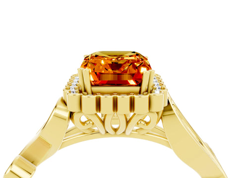 Yellow gold Emerald Cut Citrine Halo Ring with Vintage Split Shank and Four-Prong Setting_4