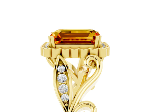 Yellow gold Emerald Cut Citrine Halo Ring with Vintage Split Shank and Four-Prong Setting_5