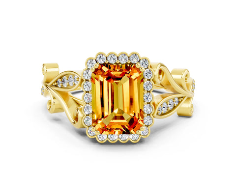 Yellow gold Emerald Cut Citrine Halo Ring with Vintage Split Shank and Four-Prong Setting