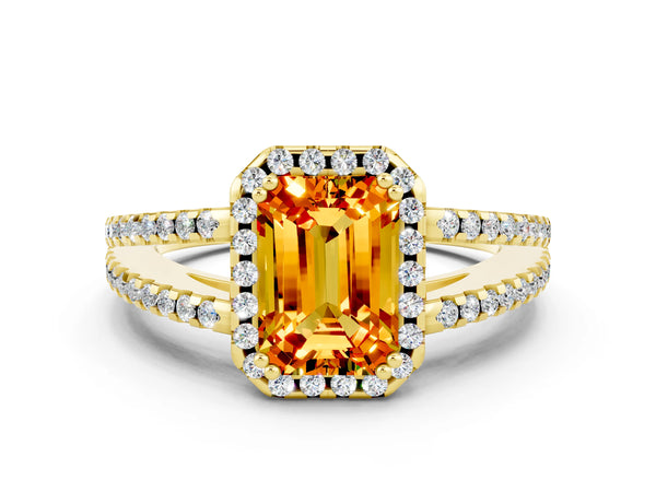 Yellow gold Emerald Cut Citrine Halo Split Shank Engagement Ring