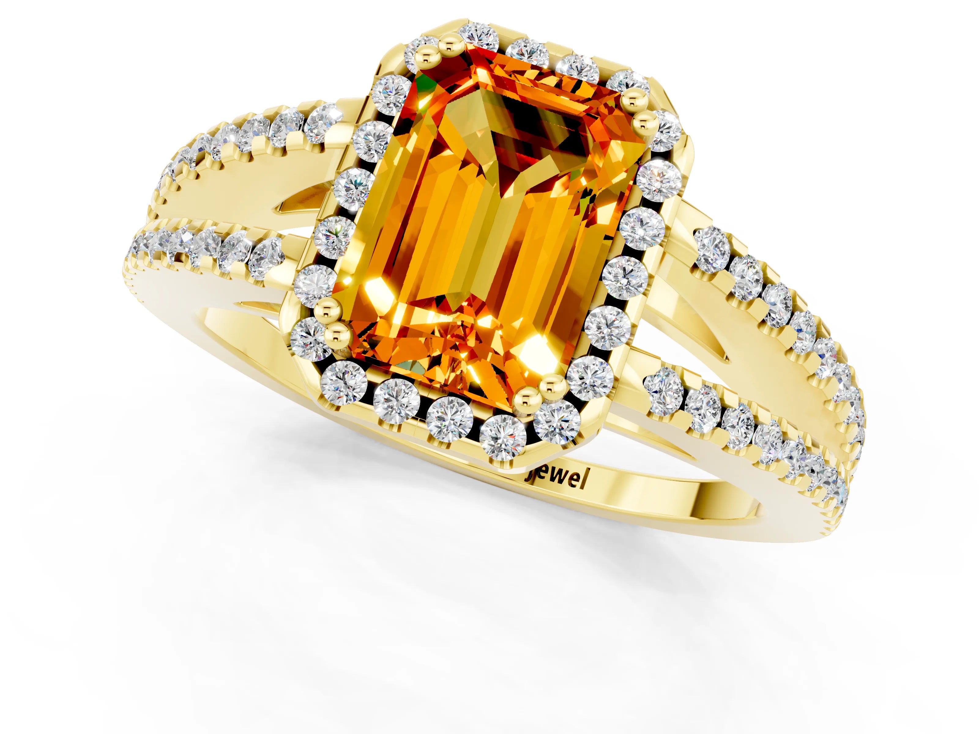 Yellow gold Emerald Cut Citrine Halo Split Shank Engagement Ring_13