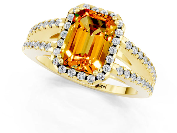 Yellow gold Emerald Cut Citrine Halo Split Shank Engagement Ring