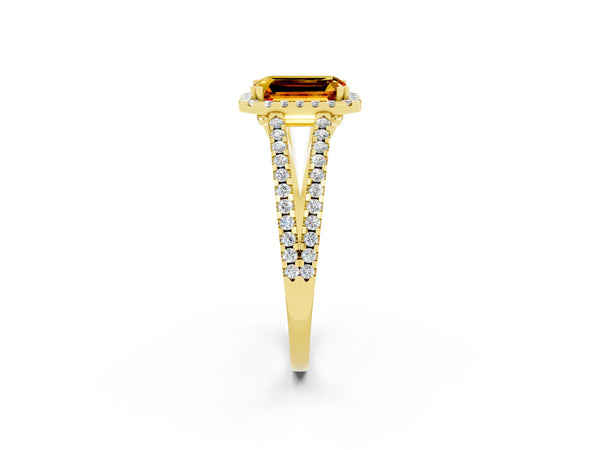 Yellow gold Emerald Cut Citrine Halo Split Shank Engagement Ring