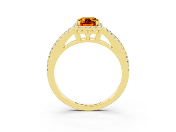 Yellow gold Emerald Cut Citrine Halo Split Shank Engagement Ring