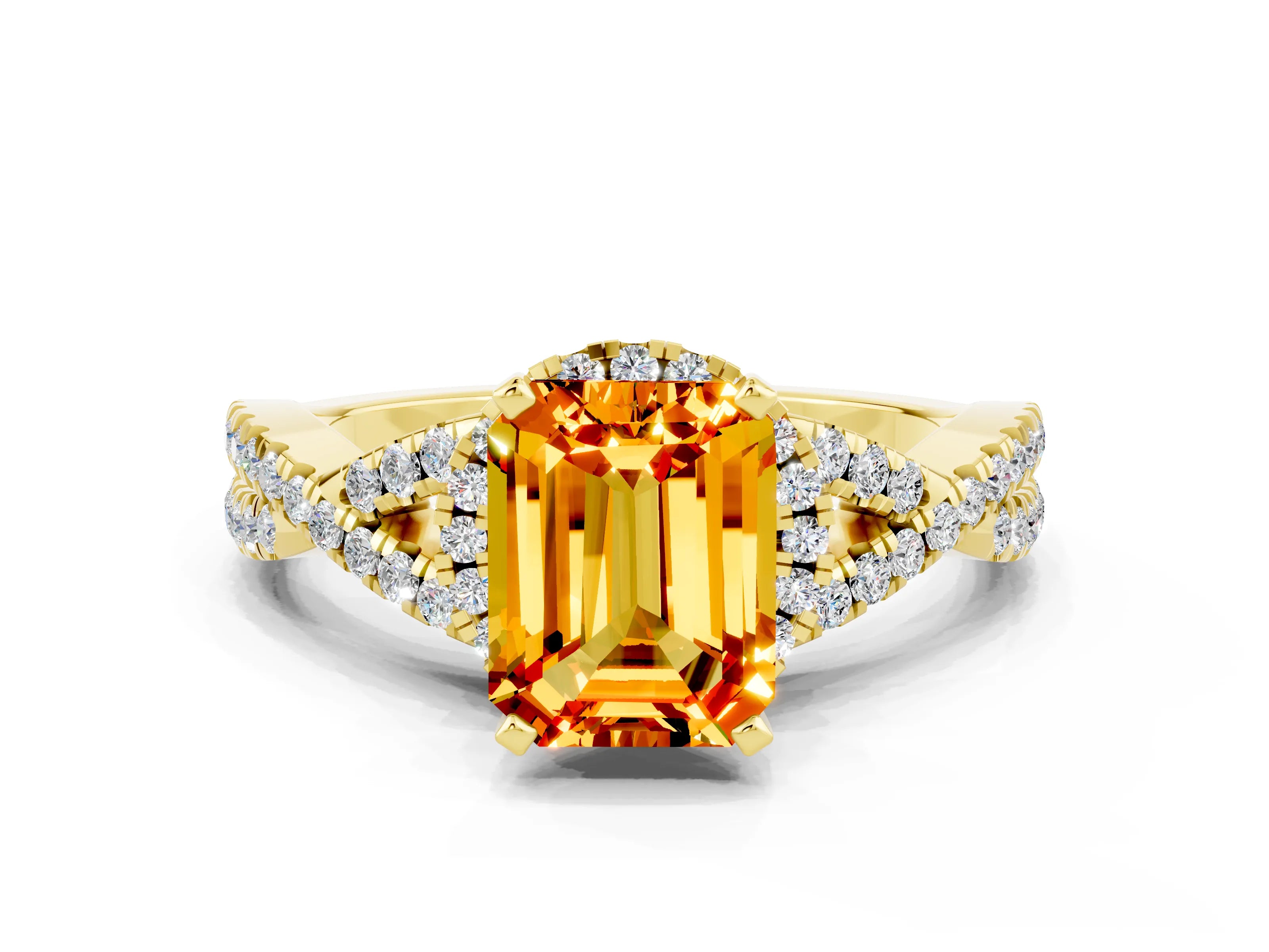 Yellow gold Emerald Cut Citrine Halo Twist Band Solitaire Prong Setting Ring