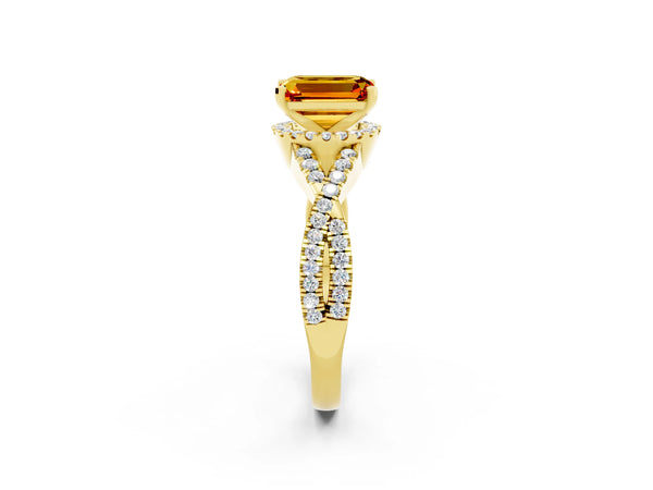 Yellow gold Emerald Cut Citrine  Halo Twist Band Solitaire Prong Setting Ring