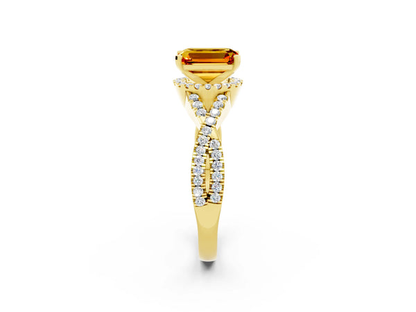 Yellow gold Emerald Cut Citrine  Halo Twist Band Solitaire Prong Setting Ring