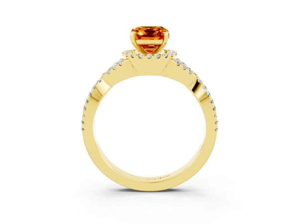 Yellow gold Emerald Cut Citrine  Halo Twist Band Solitaire Prong Setting Ring