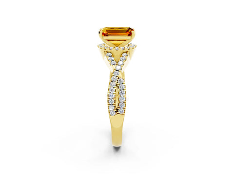 Yellow gold Emerald Cut Citrine Halo Twist Band Solitaire Prong Setting Ring_2