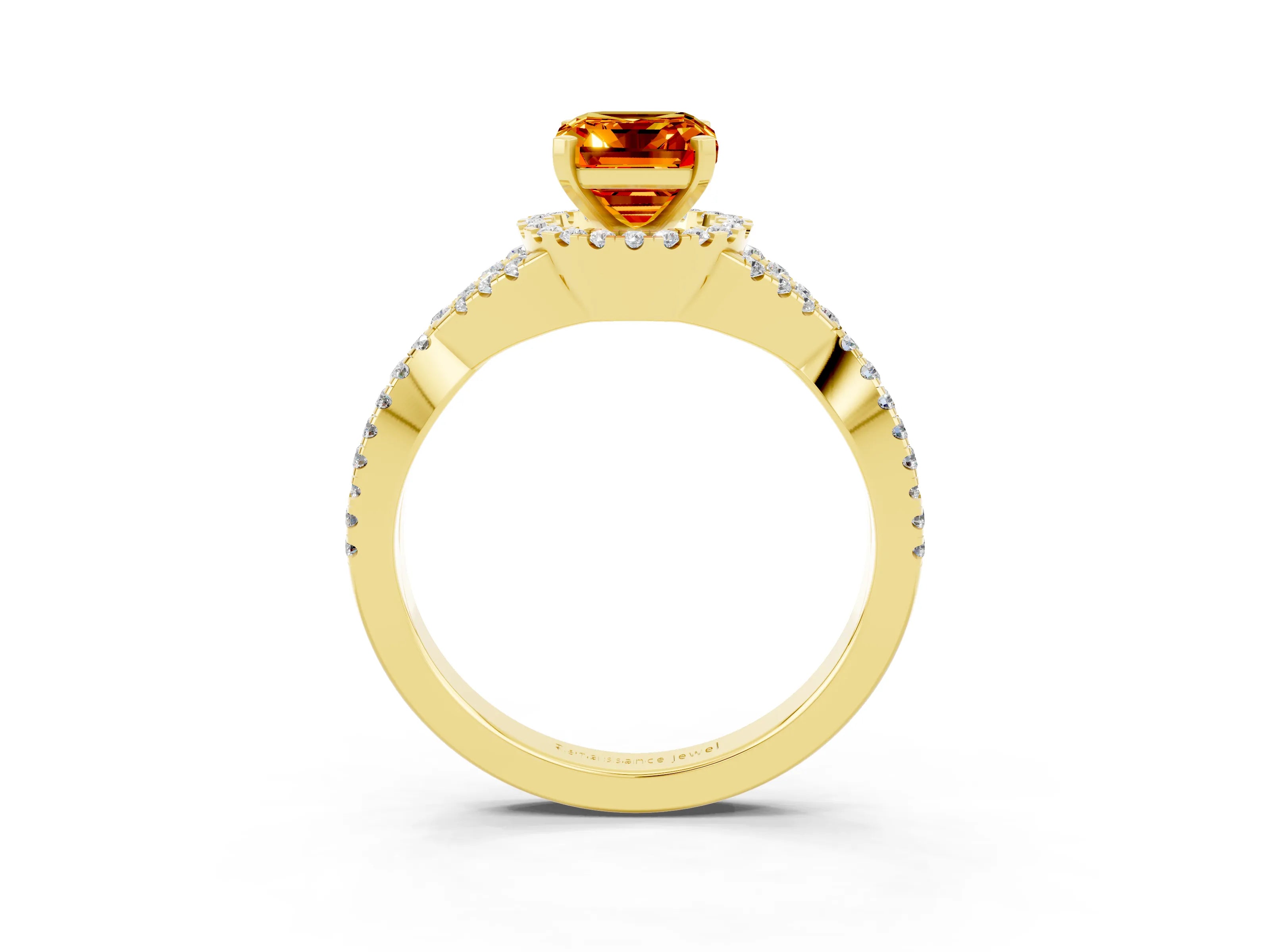 Yellow gold Emerald Cut Citrine Halo Twist Band Solitaire Prong Setting Ring_3