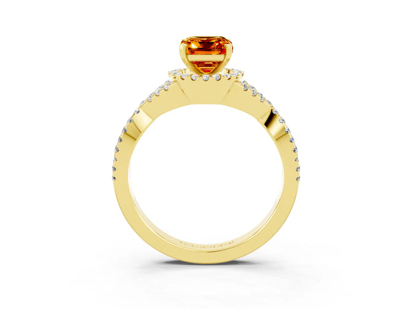 Yellow gold Emerald Cut Citrine  Halo Twist Band Solitaire Prong Setting Ring