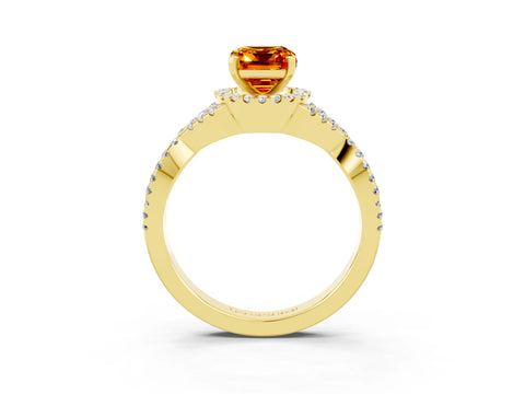 Yellow gold Emerald Cut Citrine Halo Twist Band Solitaire Prong Setting Ring_3