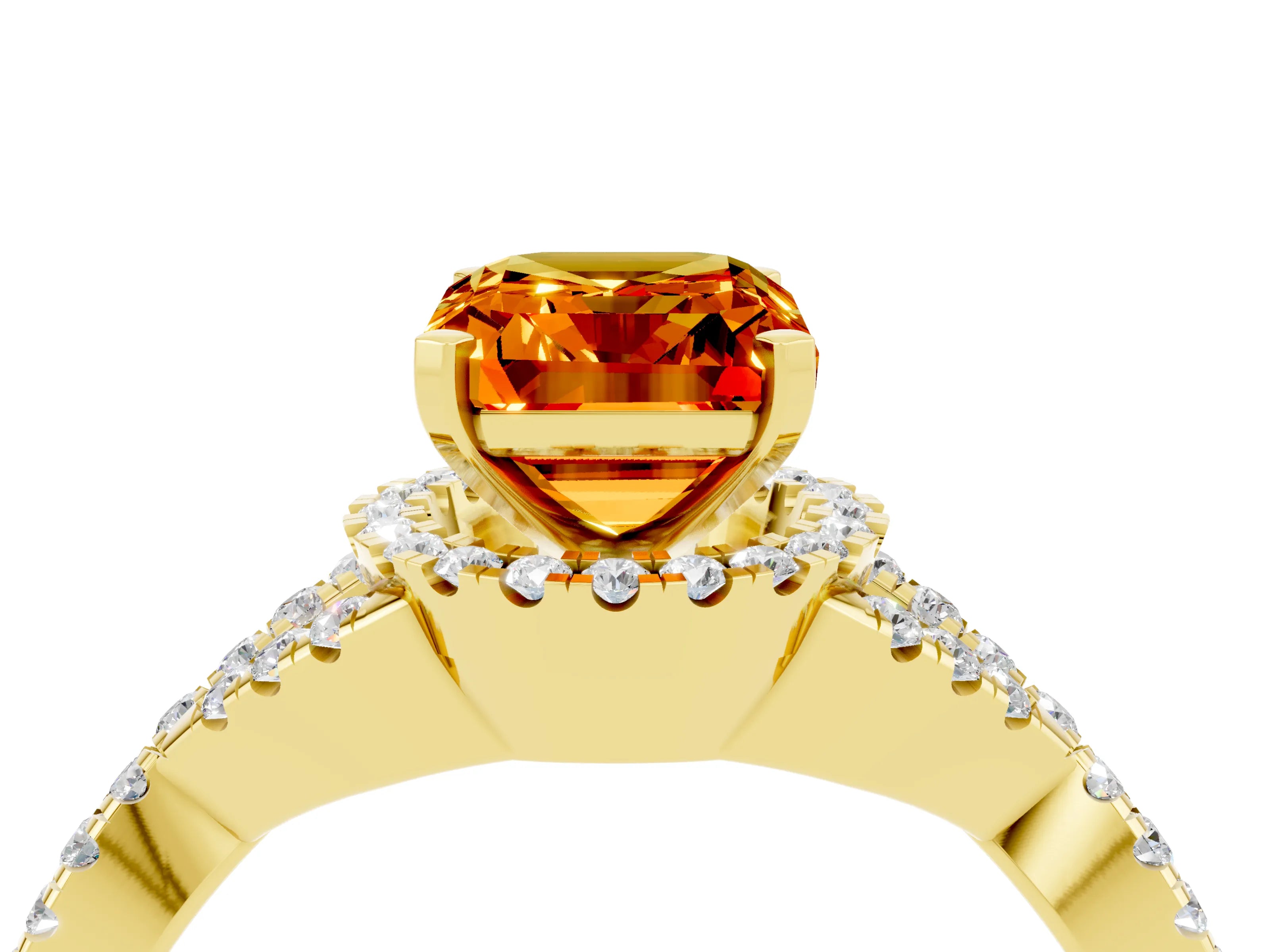Yellow gold Emerald Cut Citrine Halo Twist Band Solitaire Prong Setting Ring_4