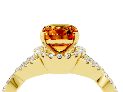 Yellow gold Emerald Cut Citrine Halo Twist Band Solitaire Prong Setting Ring_4
