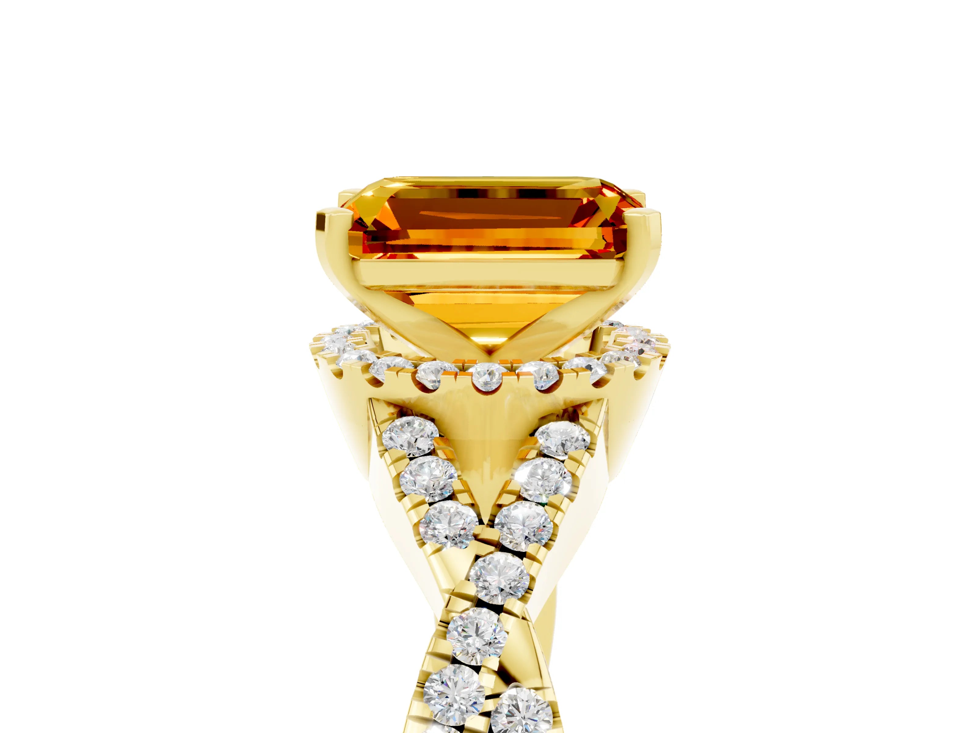Yellow gold Emerald Cut Citrine Halo Twist Band Solitaire Prong Setting Ring_5