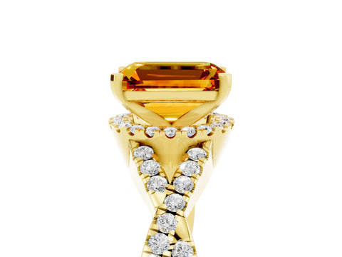 Yellow gold Emerald Cut Citrine Halo Twist Band Solitaire Prong Setting Ring_5