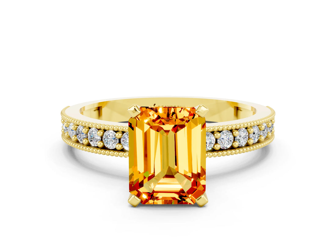 Yellow gold Emerald Cut Citrine Milgrain Pavé Engagement Ring with Four-Prong Setting_12