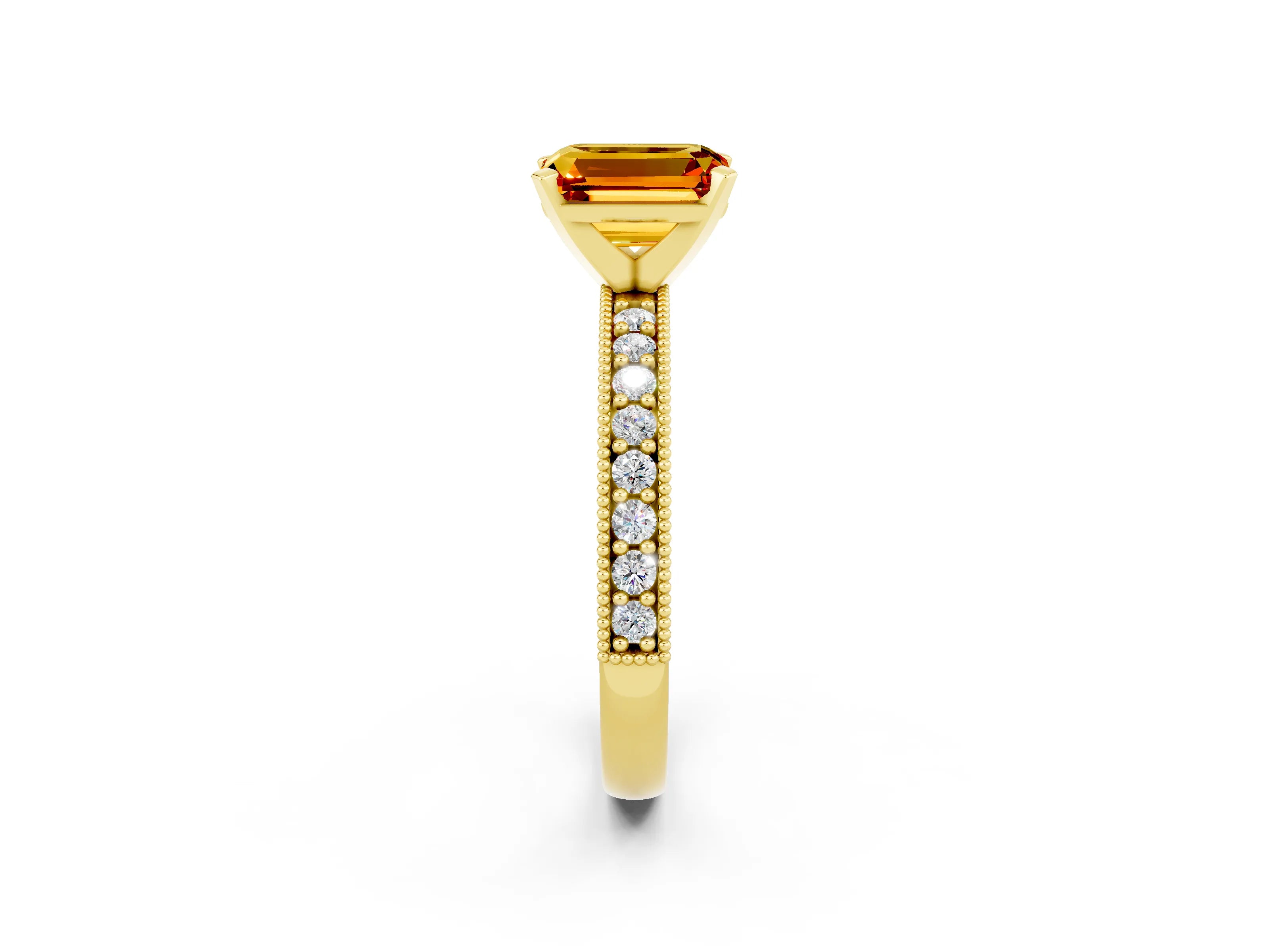 Yellow gold Emerald Cut Citrine Milgrain Pavé Engagement Ring with Four-Prong Setting_14