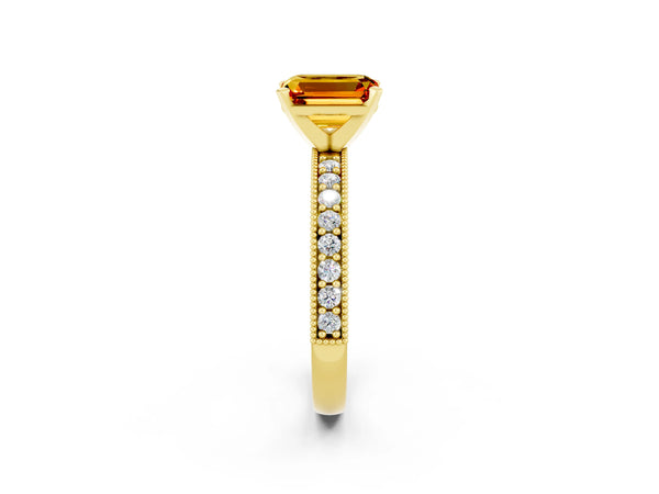 Yellow gold Emerald Cut Citrine Milgrain Pavé Engagement Ring with Four-Prong Setting