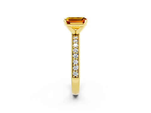 Yellow gold Emerald Cut Citrine Milgrain Pavé Engagement Ring with Four-Prong Setting_14