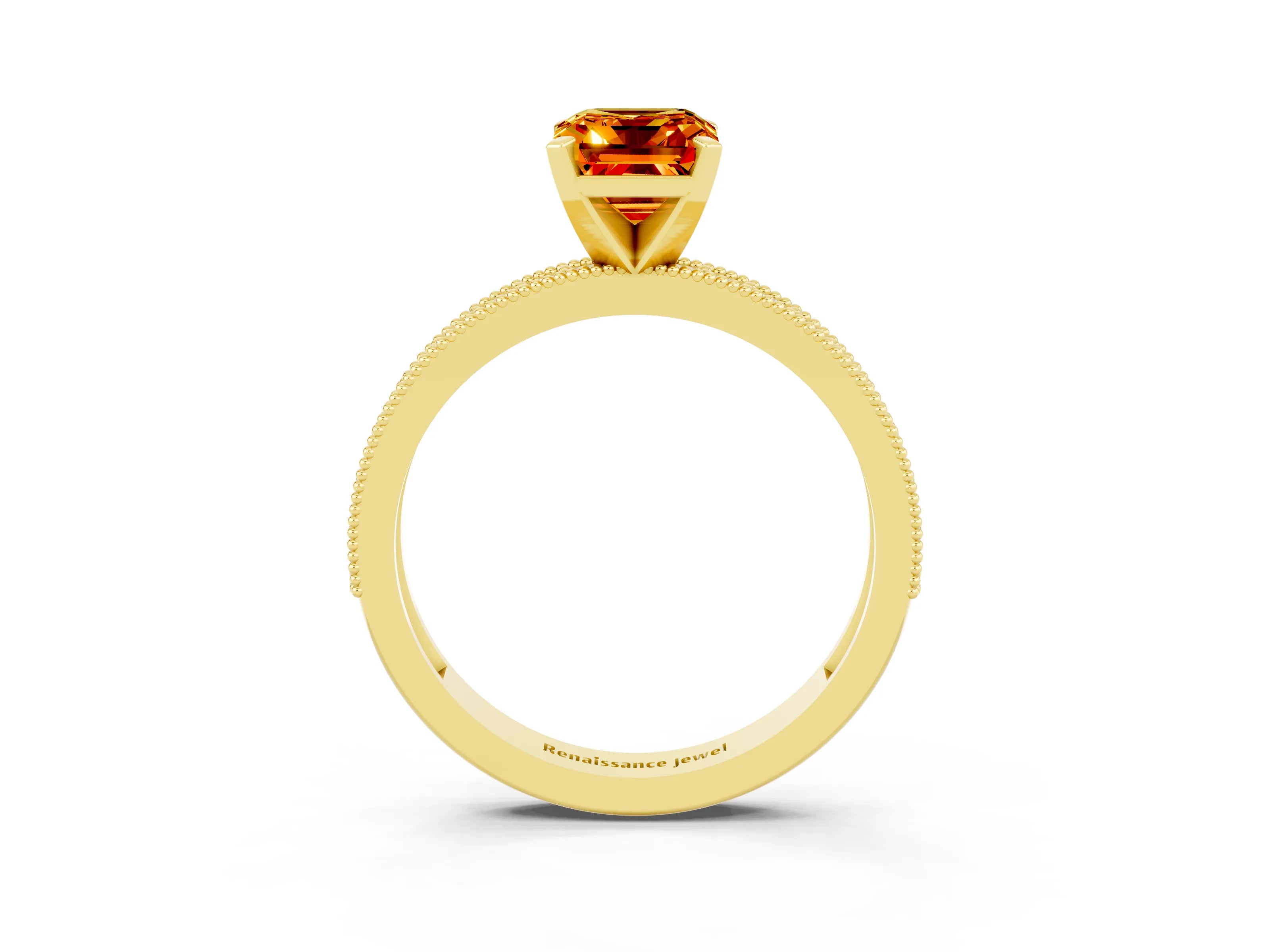 Yellow gold Emerald Cut Citrine Milgrain Pavé Engagement Ring with Four-Prong Setting_15