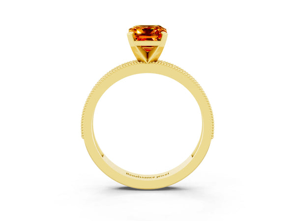 Yellow gold Emerald Cut Citrine Milgrain Pavé Engagement Ring with Four-Prong Setting
