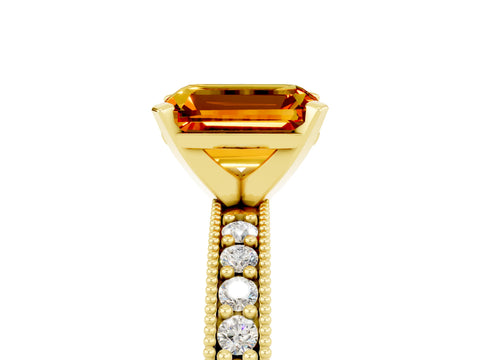 Yellow gold Emerald Cut Citrine Milgrain Pavé Engagement Ring with Four-Prong Setting_17