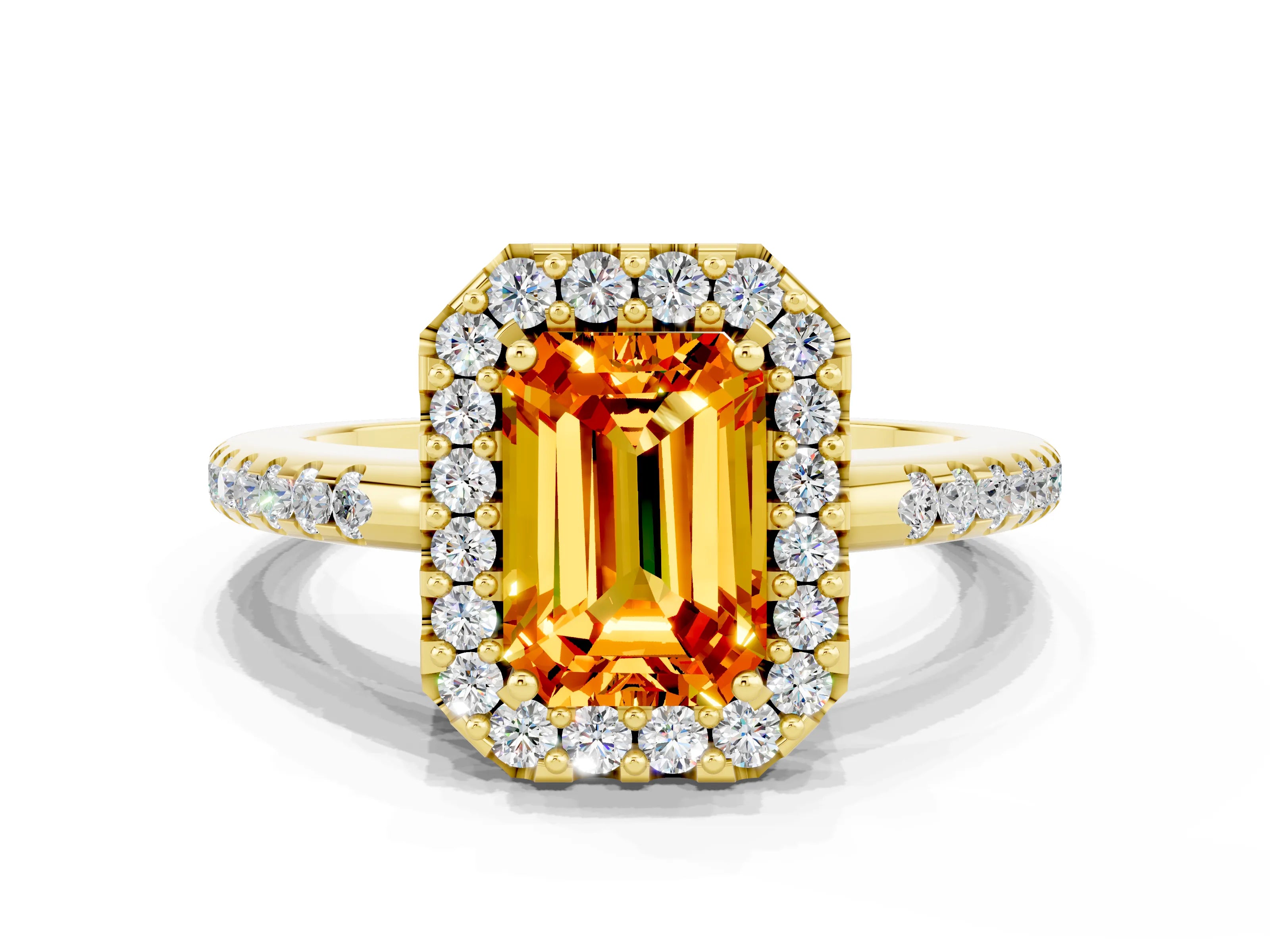 Yellow gold Emerald Cut Citrine Pavé Halo Ring with Four-Prong Setting_12