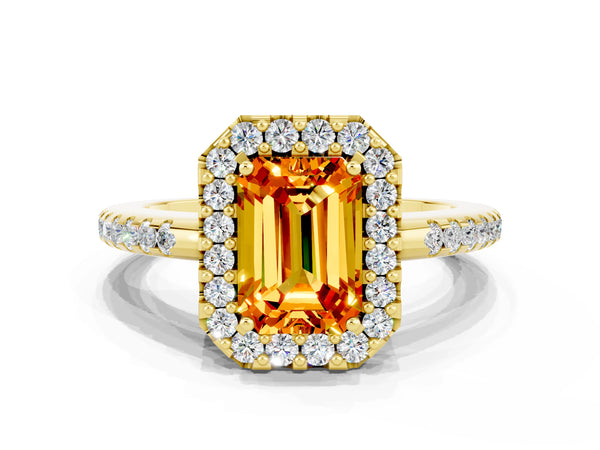 Yellow gold Emerald Cut Citrine Pavé Halo Ring with Four-Prong Setting