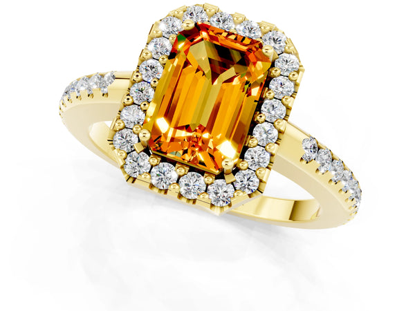 Yellow gold Emerald Cut Citrine Pavé Halo Ring with Four-Prong Setting