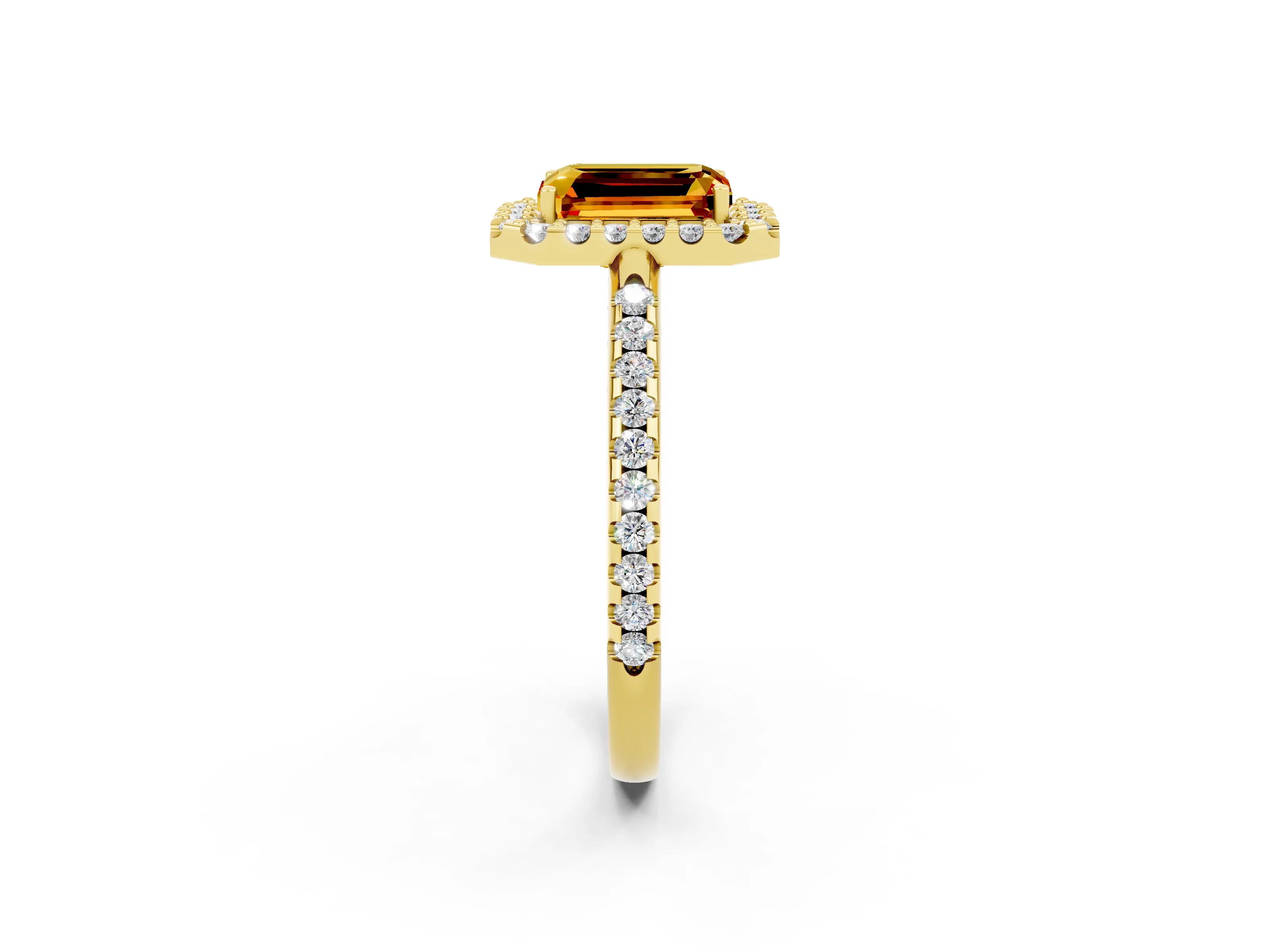 Yellow gold Emerald Cut Citrine Pavé Halo Ring with Four-Prong Setting_14